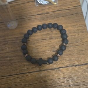 Gucci Black Lava Bead Bracelet with Cross Accent